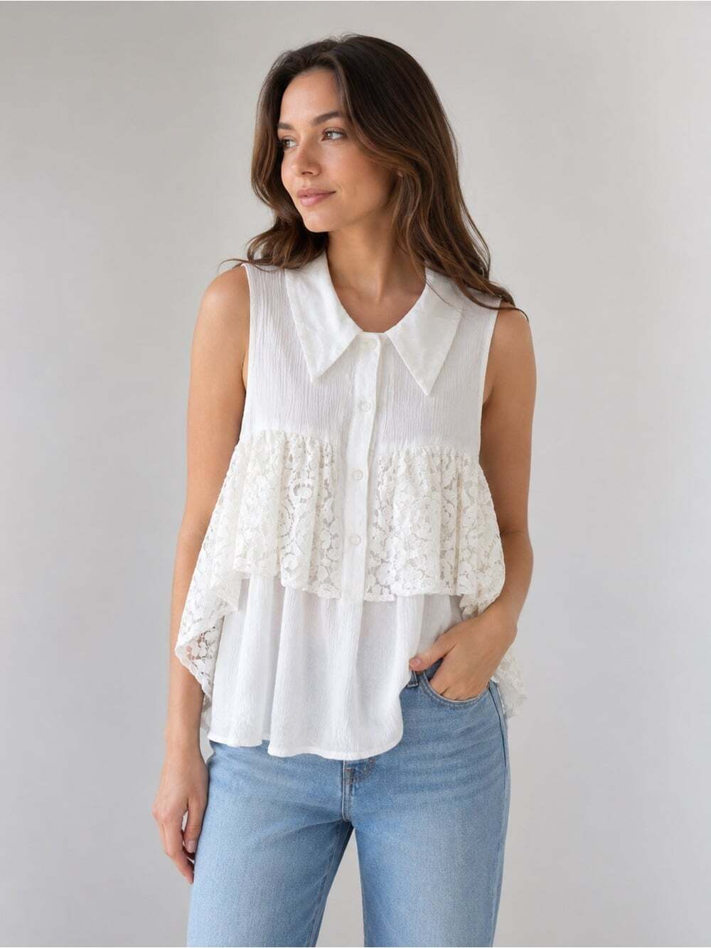entro Ivory Sleeveless Lace-Trim Collared Blouse off the shoulder size small